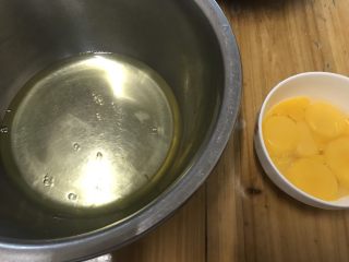 戚风蛋糕（后蛋法）,先预热烤箱，调温150℃。
再把蛋白和蛋黄分离，注意蛋白盆一定要无水无油的，分离蛋黄时要注意，蛋白盆不能有一点蛋黄。不然都会影响打发。