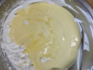 戚风蛋糕（后蛋法）,把20步骤的蛋糕糊倒入蛋白盆内。