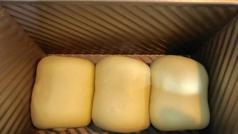 淡奶油吐司（一次性发酵）,把卷好的面团依次放入吐司模具中，盖上盖子发酵。（可以放入烤箱中发酵，烤箱里放入一碗开水，温度大概在38度左右。）