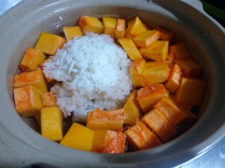 十分钟快手南瓜粥,放入米饭。