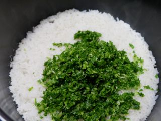 宝宝辅食—翡翠肉松菜饭,米饭快煮熟时加入青菜碎末