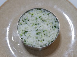 宝宝辅食—翡翠肉松菜饭,再铺上一层米饭，直到容器被填平，将米饭压紧实。依次类推直到填满容器。