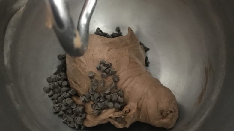 酸奶巧克力吐司,放入巧克力豆，厨师机1档揉进面团