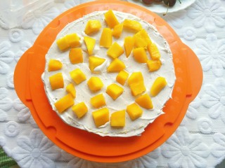 奥利奥咸奶油蛋糕,一片蛋糕抹上适量奶油，放入芒果粒