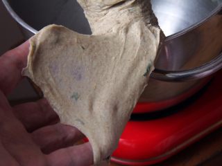 黑麦香葱面包,检查面团是否可以出膜。搅拌时间也是20分钟。