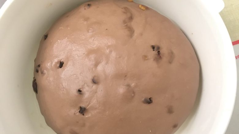 蔓越梅巧克力软欧,盖上盖子送进发酵箱28度一发，这是一发后的状态