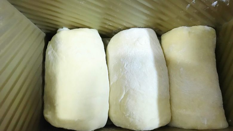 私家版土司,卷好了就如图排在土司盒里，等待2次发酵。可以用湿布盖，也可以直接用土司盖子盖好。