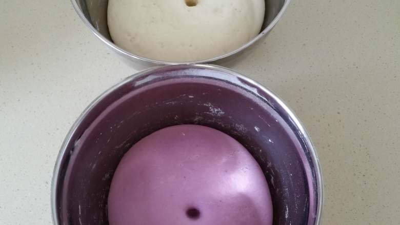 紫薯素包子,发好的两种面团。