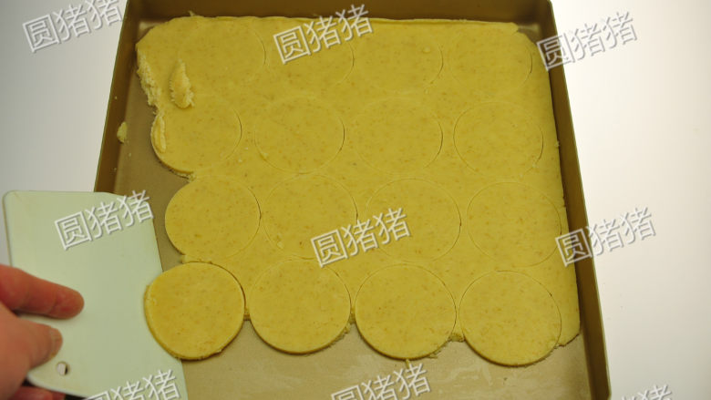 全麦消化饼,用塑料刮板将圆形饼干刮起来，将多余的边角料移开。