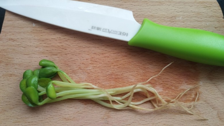 黑豆芽培根卷,黑豆芽六七根头冲一头，码起放在案板上。