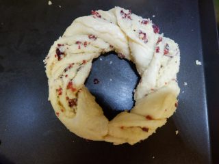 椰蓉蔓越莓花环面包,拧到最后，底边捏紧，轻轻放入烤盘，整理成圆形