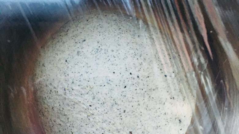 黑芝麻软欧,覆盖保鲜膜，温度25到28度，进行基础发酵。时间大概一个小时。