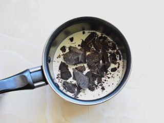 脏脏蛋糕,把巧克力和淡奶油一起隔水加热融化，一边融化一边搅拌，