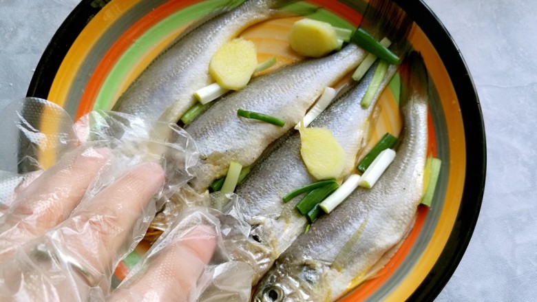 干炸黄花鱼,放上葱段，姜片，戴上一次性手套把鱼涂抹均匀，腌制三十分钟入味。
