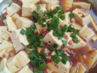 麻婆水豆腐,出锅装入盘中 适量的撒点葱花 美味的麻婆豆腐就可以开吃啦！