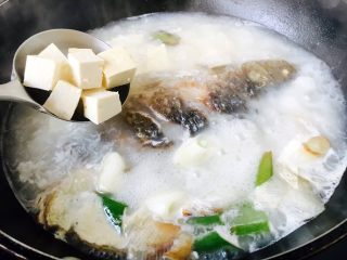 鲫鱼豆腐汤,将豆腐块放入鱼汤锅里，大火炖10分钟左右。