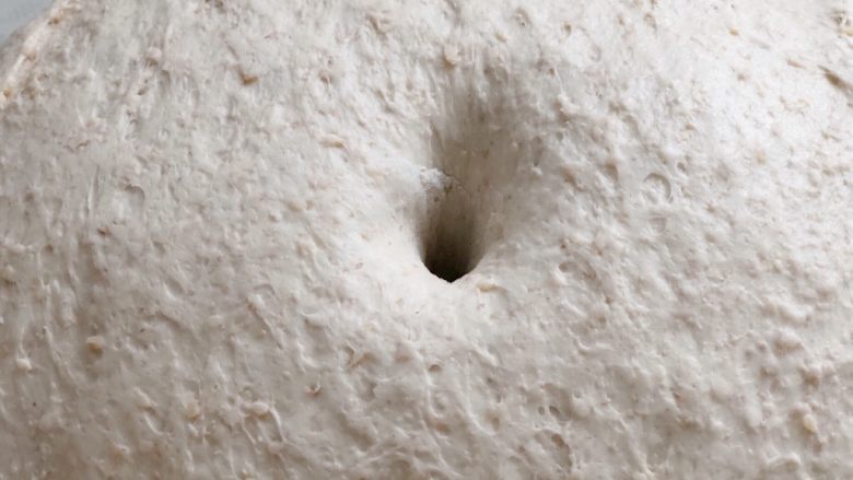 无油无糖燕麦芝麻欧包,用手指沾干面粉，戳下去的洞口不回缩不塌陷即使发酵完成。