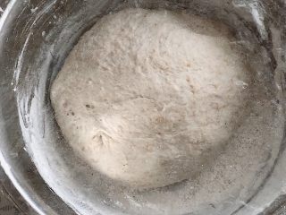 无油无糖燕麦芝麻欧包,滚圆后，将面团用刮板移至已经撒了干面粉的盆内。