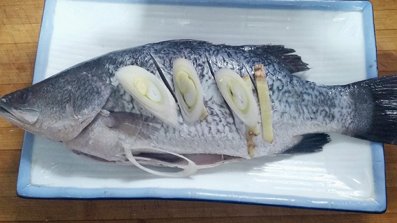 清蒸海桂鱼,在鱼的表面也码上葱姜。