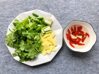 鱼头豆腐汤,枸杞用冷水浸泡，姜切片，葱洗净切段，香菜洗净切段