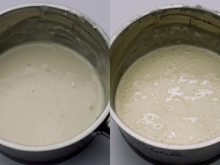 Q弹港式菠萝包,首先把海绵酵头的材料搅拌均匀。加盖发酵40分钟。左图是刚拌好的，右图是40分钟后的，起了很多泡泡。