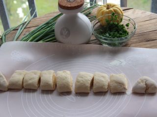 南瓜香葱饼,取出面团，蘸少许干面粉将面团揉圆排气，将面团揉成长条，切成70克左右的小面团