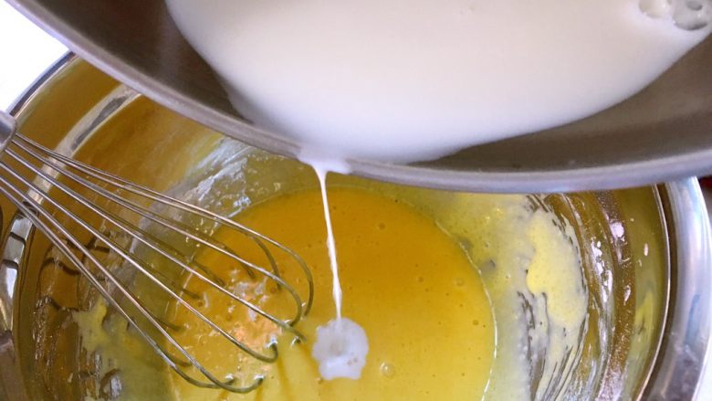 奶油盒子蛋糕,将热牛奶一点点加入到蛋黄糊中，边加入边搅拌，直到将牛奶全部加入