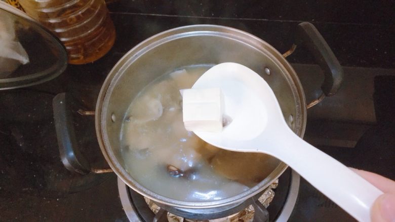 杂菌豆腐汤,待煮至水剩一半的时候，加入豆腐，继续煮至豆腐入味