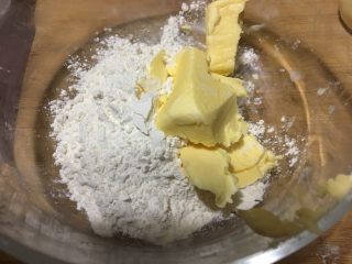 彩色椰蓉豆沙酥饼,油酥的做法
面粉、黄油混合