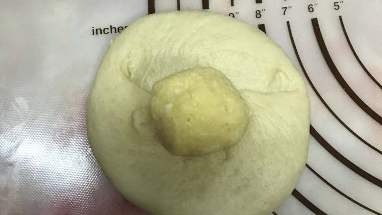奶香椰蓉面包,取一松弛好的面团，擀成圆形，包入椰蓉。
