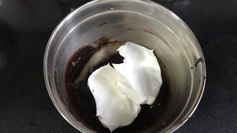 黑森林蛋糕,取三分之一的蛋白霜加入可可面糊，用刮刀切拌均匀。