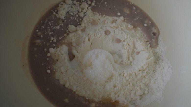 葵花籽苏打饼干,将酵母豆浆混合物倒入盆中。