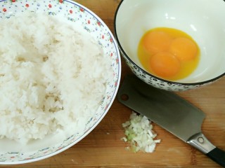 黄金炒饭,米饭最好是隔天的，蛋黄、蒜苗备用，因为我不是很喜欢蒜苗所以切了一点点配色，一定要蛋黄不要蛋白