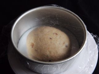蔓越梅乡村面包,拿出整理一下，放入模具盖上保鲜膜。