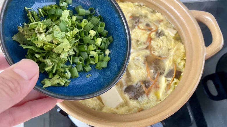 豆腐蛋花汤➕杂菌豆腐蛋花汤,最后加入葱末香菜，即可上桌享用。