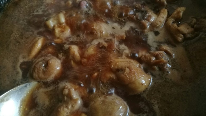 家常黄焖鸡,然后倒入热水，倒入热水的量以能沒过鸡肉就可以。等汤烧开后，用勺子撇出汤中的浮沫。