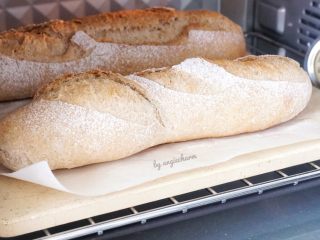 黑麦酵种斯佩尔特spelt短棍面包,约15分钟后面包已经膨胀至最大，抽取油纸继续烤15分钟左右，彻底上色即可。