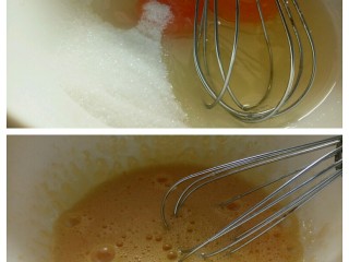 可可毛巾卷,鸡蛋和白砂糖用蛋抽快速搅拌均匀，打2分钟左右，一定要均匀！
