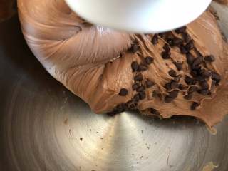 香浓巧克力栗子吐司,揉到接近完全阶段时加入巧克力豆，慢速揉匀