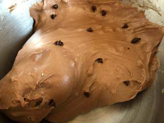 香浓巧克力栗子吐司,揉到巧克力均匀分布在面团中，面团状态达到完全阶段