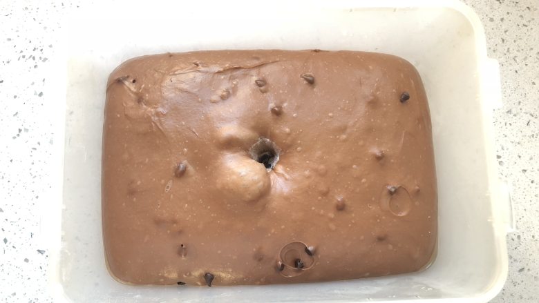 香浓巧克力栗子吐司,发到2至3倍大，手指沾粉戳孔不回缩不塌陷