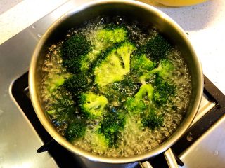 蚝油冬菇西兰花,准备一奶锅，加水下盐（可适当放多些盐），烧开后加入西兰花烫焯，水开后保持1.5-2分钟。