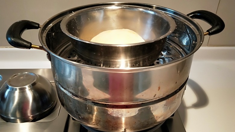 快手自制油条,蒸锅放入适量水烧热，把合好的面团连盆一起放入蒸锅，盖上盖子发酵，40分钟后马上起发起。