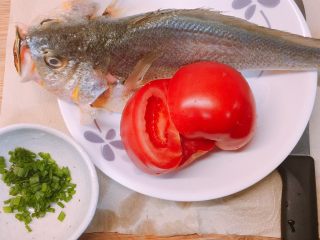 🍅番茄鱼🐟,主材洗净备用，鱼身上的水沥干，防止下锅的时候油四处飞溅，番茄可以切成小块更好的出汁。