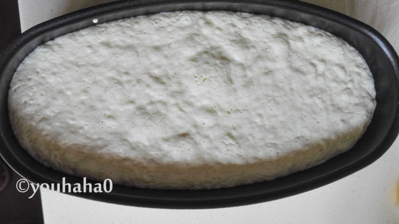 粘米粉牛奶发糕,发酵至2倍大的面糊，面糊表面上会有泡泡；我防在暖气上发酵，大约1个半小时左右。