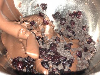 天然酵种巧克力蔓越莓吐司,加入巧克力豆和蔓越莓干，揉匀。