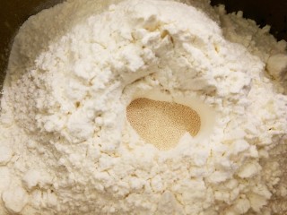 竹炭粉迷你奶酪小餐包,加入面粉，中间挖一个洞，放入酵母