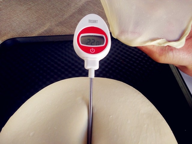 黄金椰蓉吐司,将黄油完全稀释后面团表面光滑，面团温度控制在23度左右。