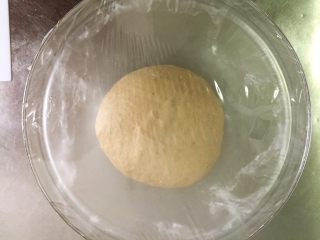 咖啡凤梨奶酪软欧包（液种发酵法）,将面团揉圆，盖保鲜膜，室温25度左右发酵1个小时