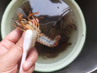 麻辣小龙虾,水里放两勺陈醋，用刷子一个个将小龙虾的头部，背部，肚子，清洗干净，除去虾线。